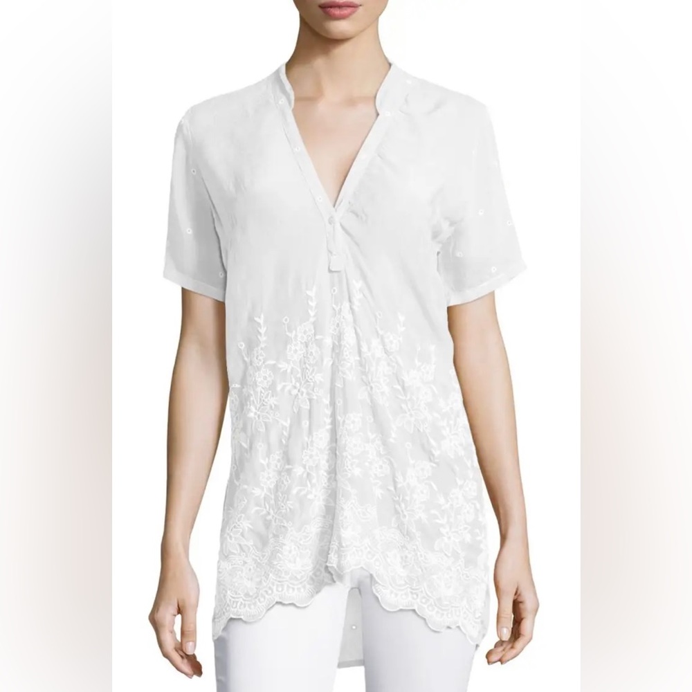 Johnny Was Tulia Short-Sleeve Embroidered Georgette Blouse